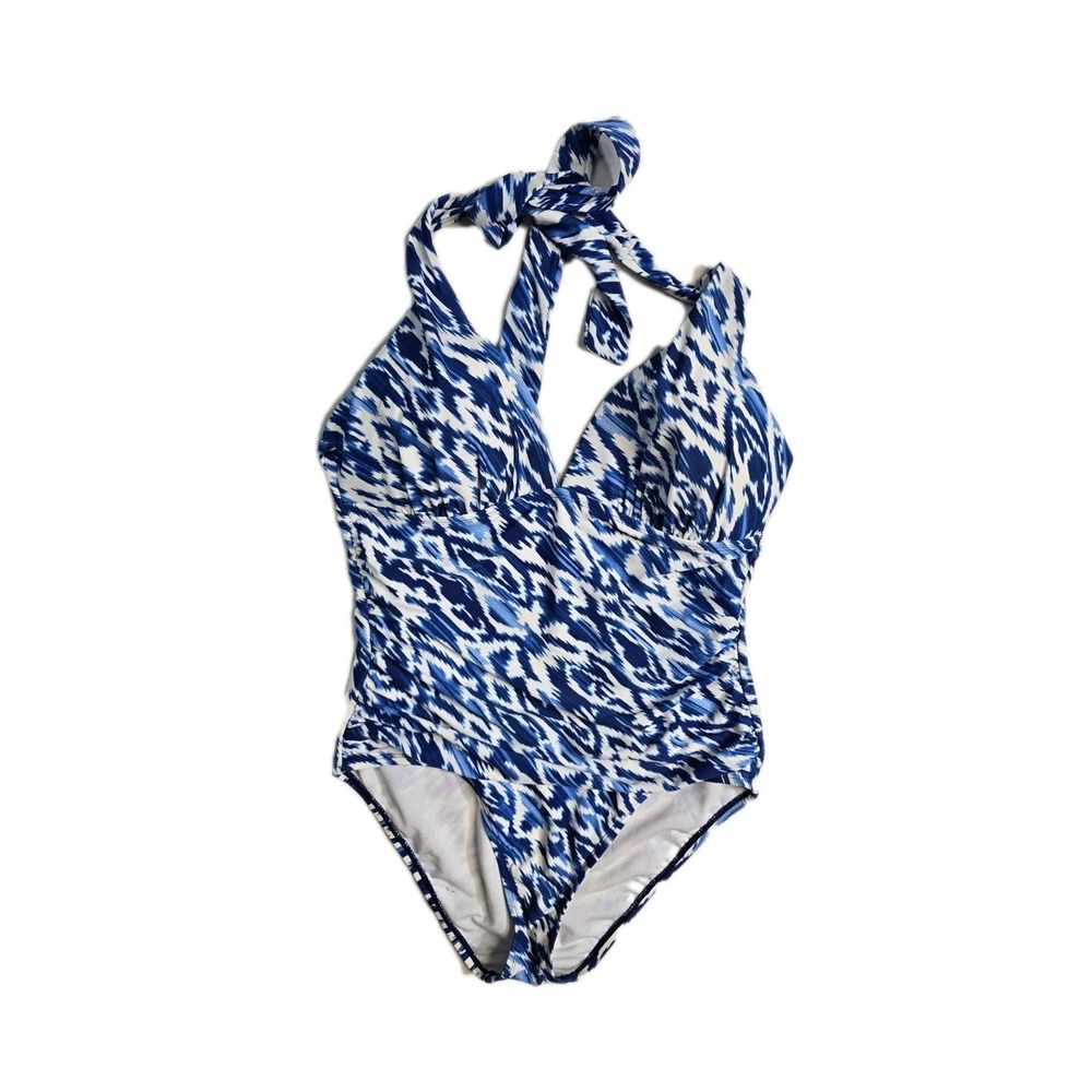 Chaps Women's One Piece Swimming Suit 14 White Blue Logo